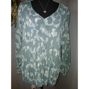 Nine West Pleated Blouse Womens Large Teal Abstract Print Balloon Sleeve Chiffon